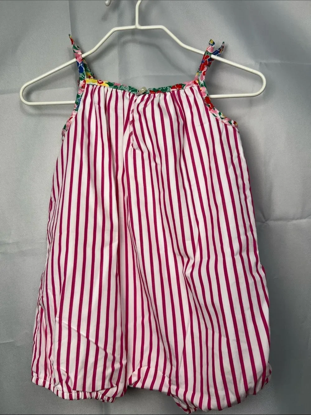 Ralph Lauren Fuchsia pink and white stripe cotton bubble romper floral trim 3 m